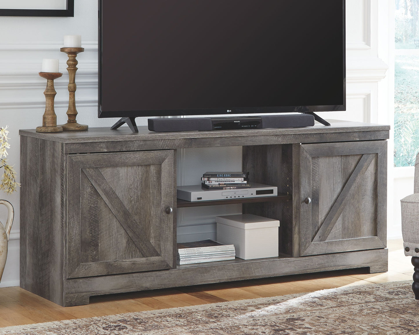 Wynnlow - 63" TV Stand With Glass/Stone Fireplace Insert - Gray
