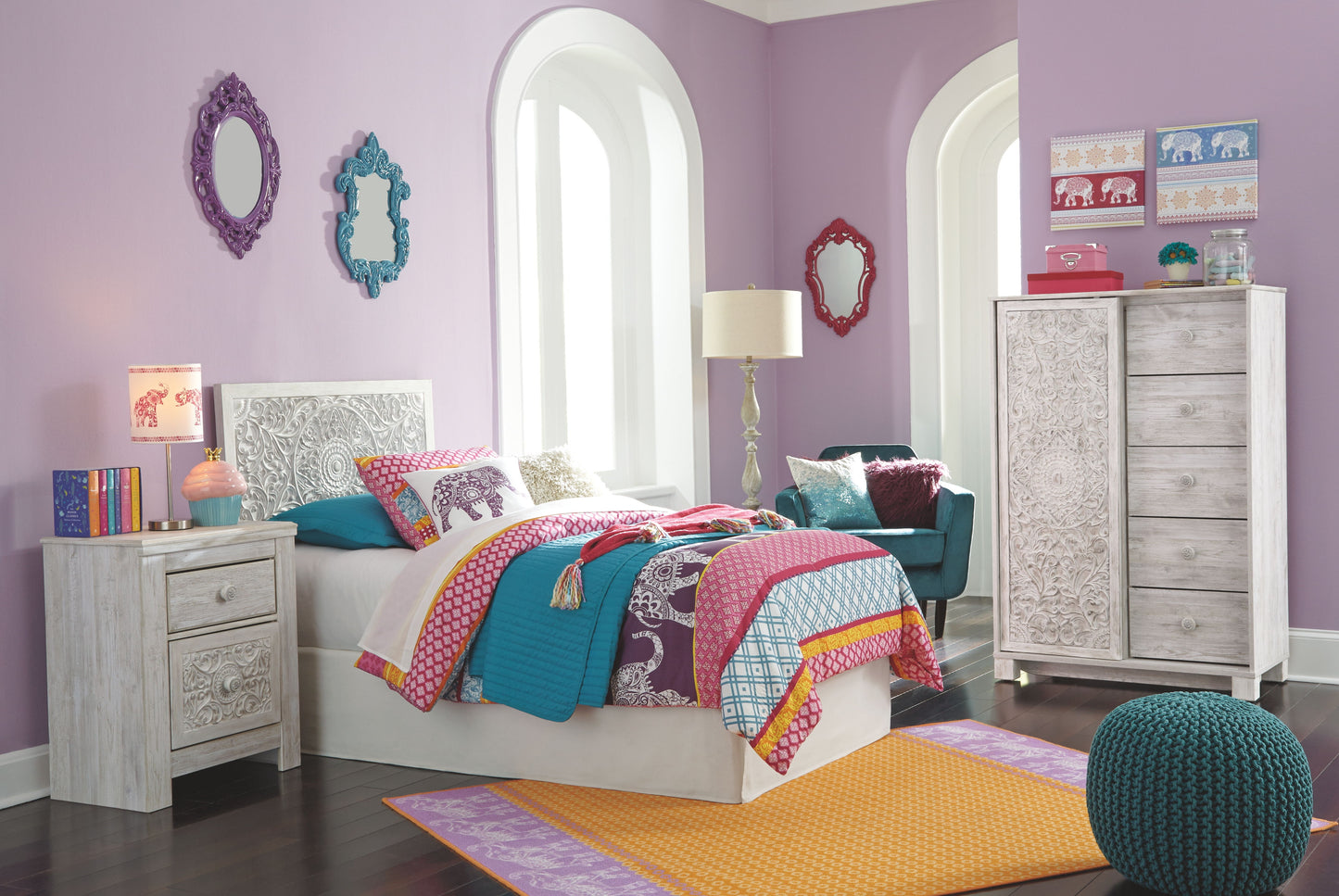 Paxberry - Whitewash - Twin Panel Headboard with Bolt on Bed Frame